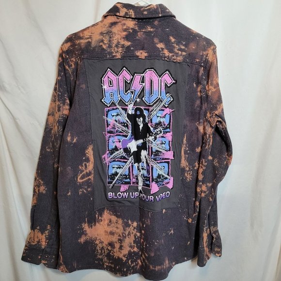 ACDC Flannel Shirt Upcycled  Bleached Adult Med - Picture 1 of 7